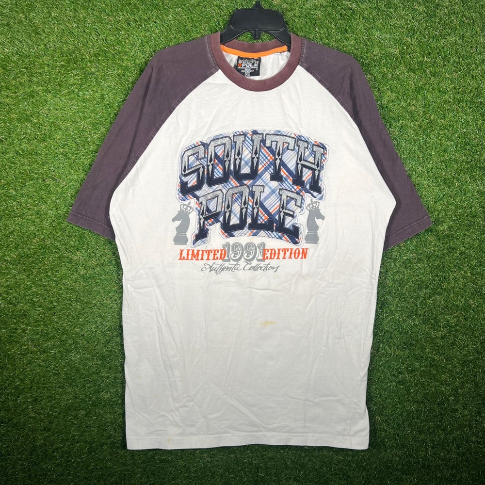 Southpole Mens XL Raglan Graphic T-Shirt White Brown Y2K Streetwear 1991 Edition